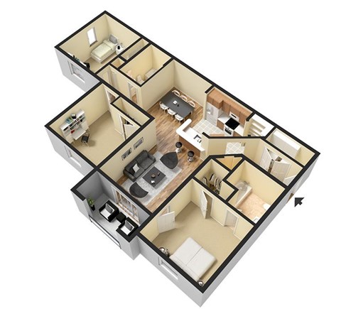 A 3D floor plan of a small apartment with two bedrooms and a living area.
